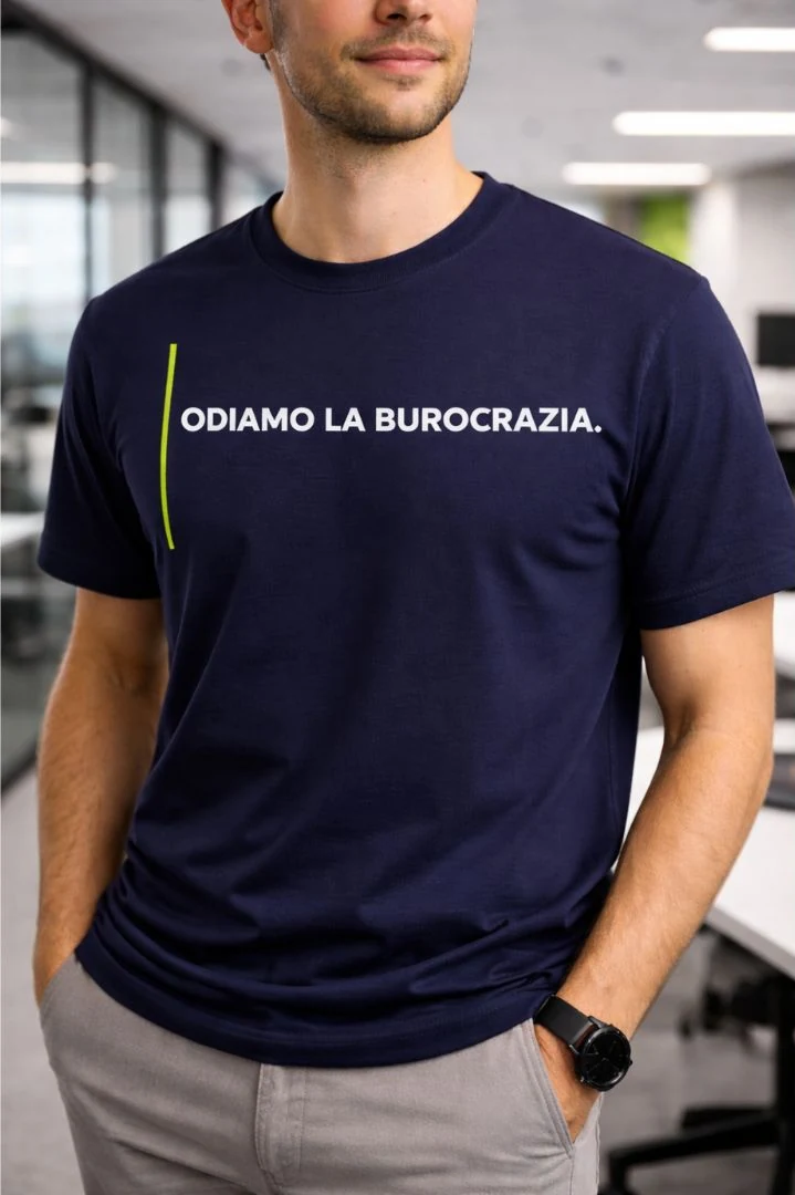 La t-shirt indossata, con la scritta odiamo la burocrazia